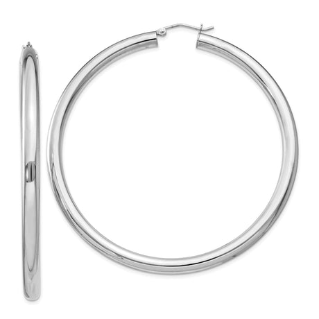 Sterling Silver Hoop Earrings, Large Polished Round Design, Rhodium Plated Minimalist Style