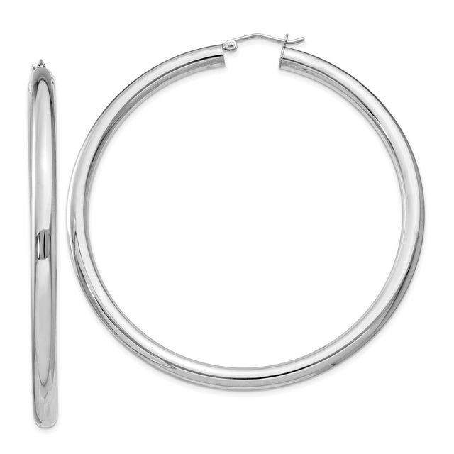 Sterling Silver Hoop Earrings, Large Polished Round Design, Rhodium Plated Minimalist Style