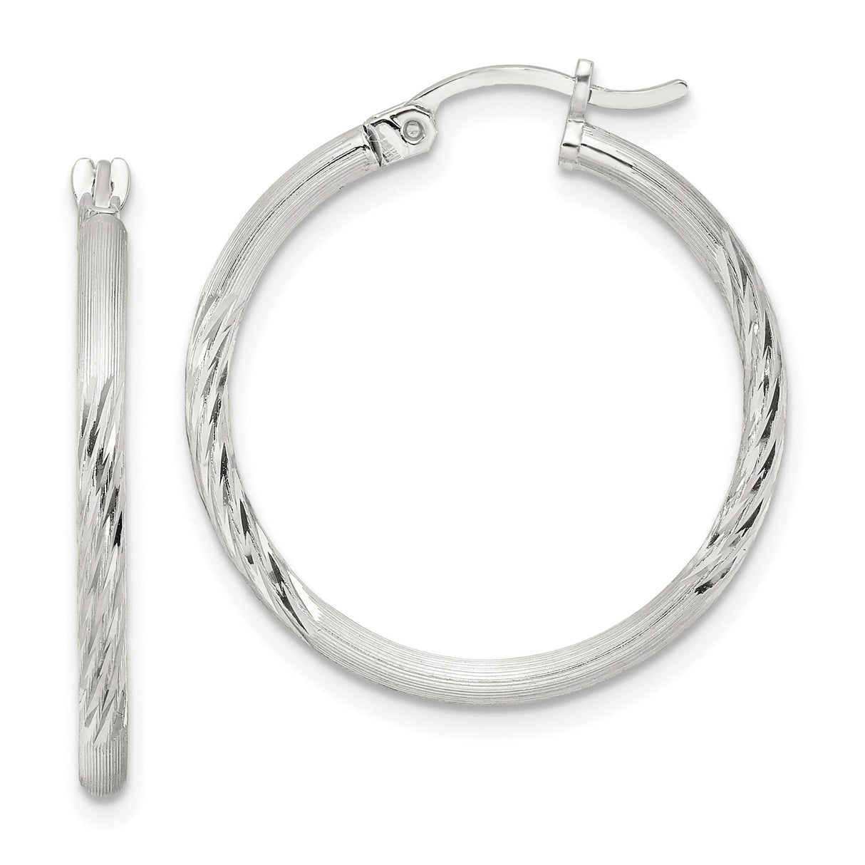 Sterling Silver Hoop Earrings, Polished and Diamond Cut Finish, Lightweight Hinged Hoops