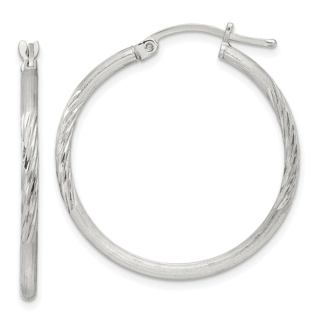 Sterling Silver Hoop Earrings, Textured Diamond-Cut Round Hoops with Satin Finish