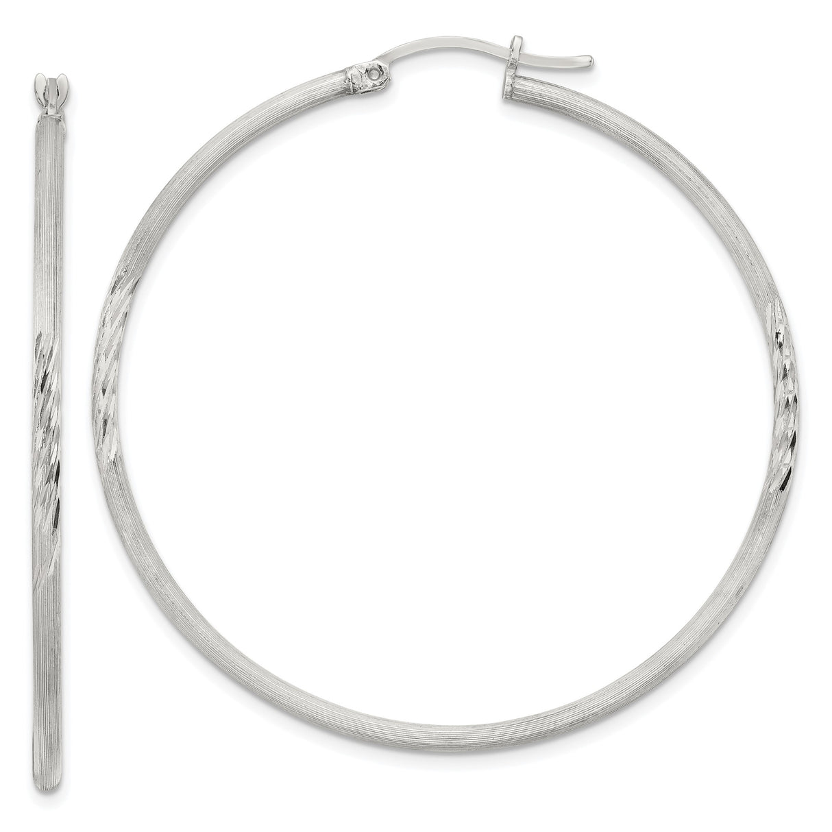 Sterling Silver Hoop Earrings, Large Round Textured Hoops with Diamond-Cut Finish
