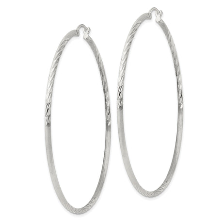 Sterling Silver Hoop Earrings, Large Diamond-Cut Textured Design with Polished Finish