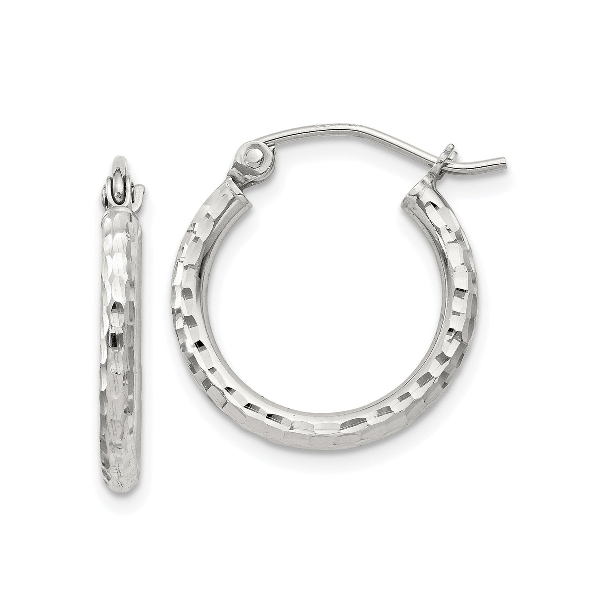Sterling Silver Hammered Hoop Earrings with Faceted Textured Finish, Latch-Back Closure