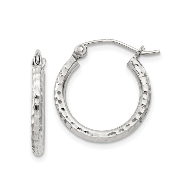 Sterling Silver Hammered Hoop Earrings with Faceted Textured Finish, Latch-Back Closure