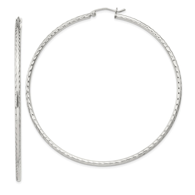 Sterling Silver Hoop Earrings, Thin Textured Large Hoops with Polished Finish, Minimalist Style