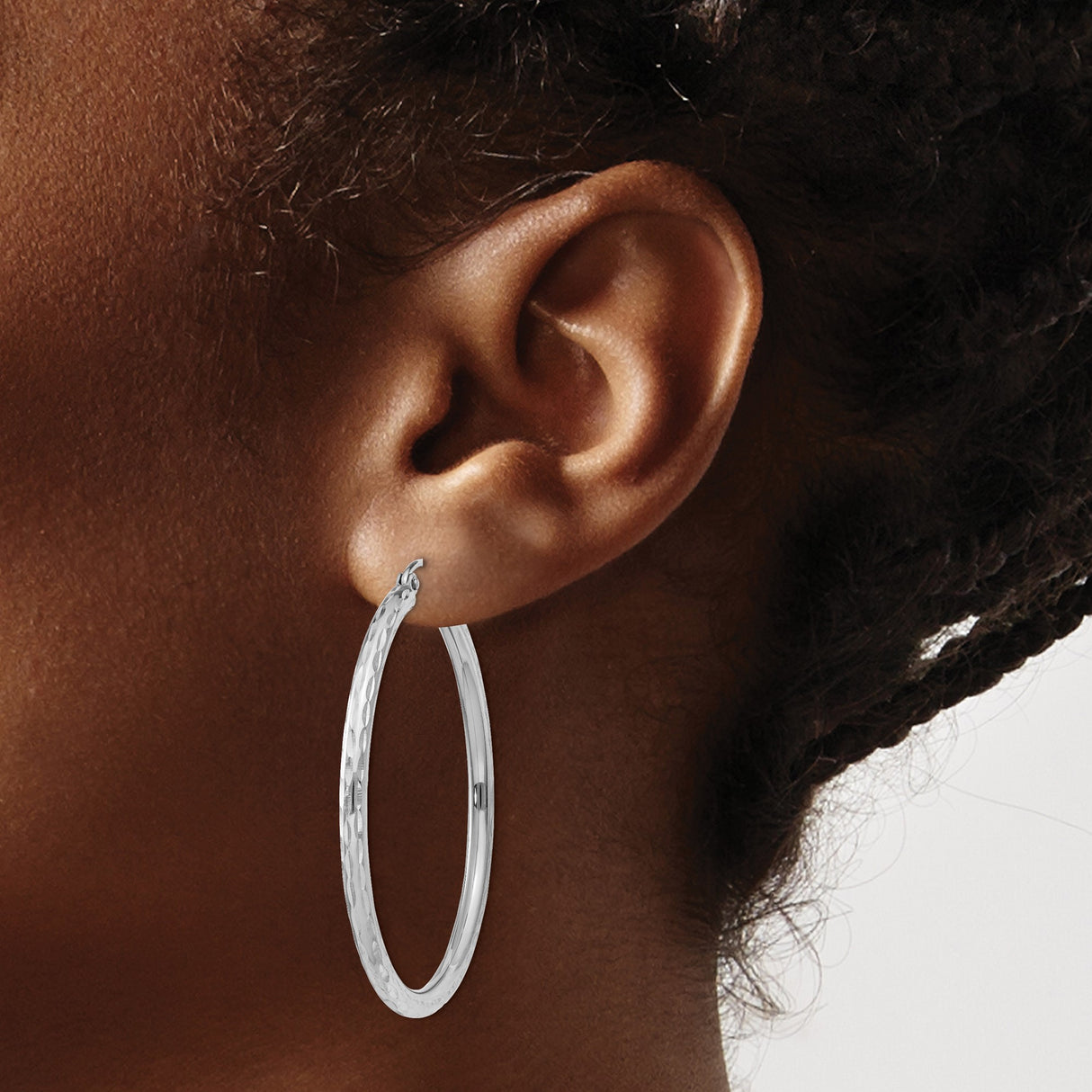 Sterling Silver Hoop Earrings, Large Diamond Cut Textured Design, Polished Modern Style for Women