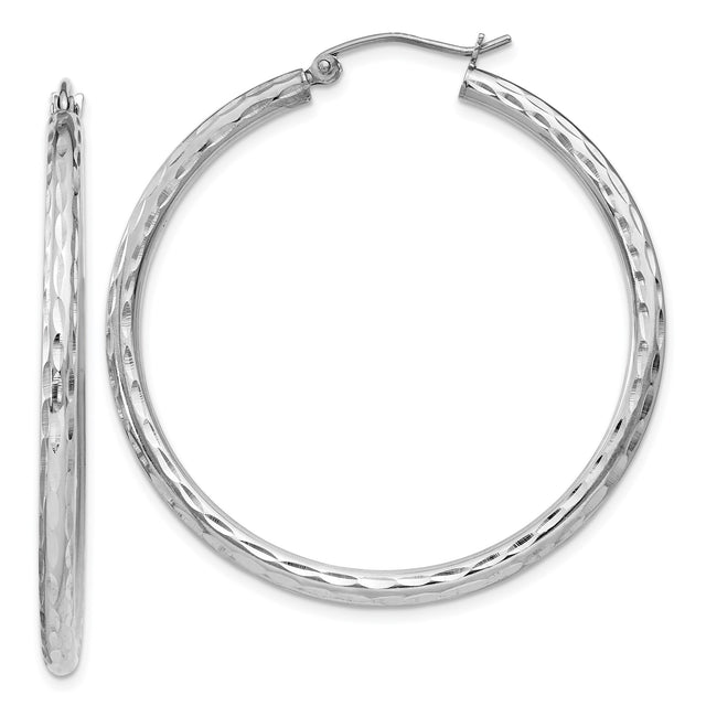 Sterling Silver Hoop Earrings, Large Diamond Cut Textured Design, Polished Modern Style for Women