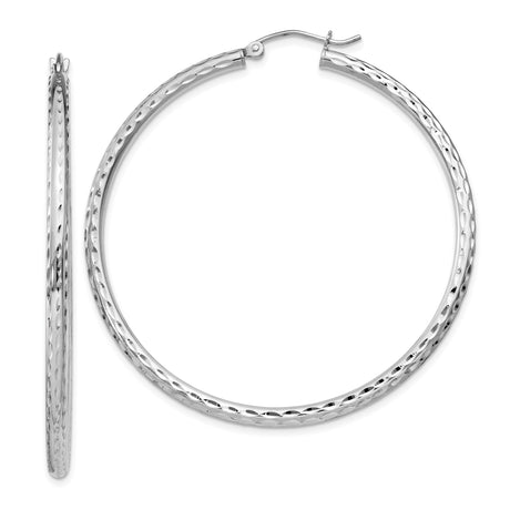 Sterling Silver Hoop Earrings with Diamond Cut Texture and Polished Finish, Medium Hinged Design