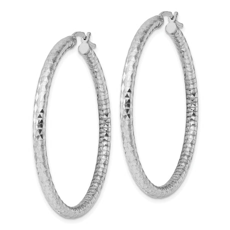 Sterling Silver Hoop Earrings, Diamond-Cut Textured Finish, Lightweight Rhodium Plated Design