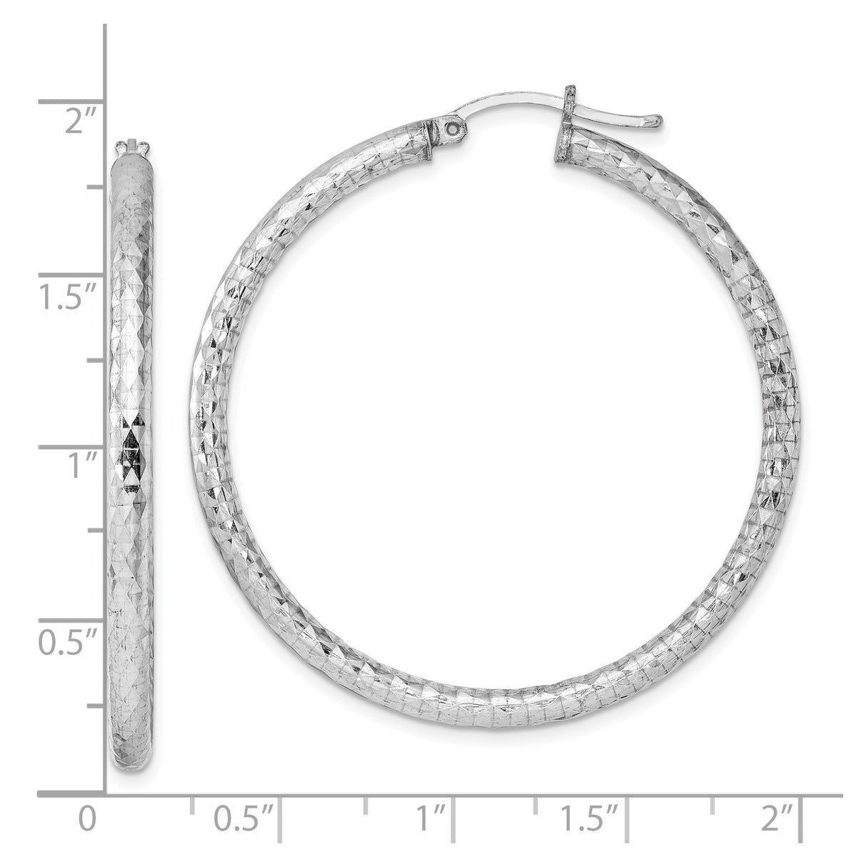 Sterling Silver Hoop Earrings, Diamond-Cut Textured Finish, Lightweight Rhodium Plated Design