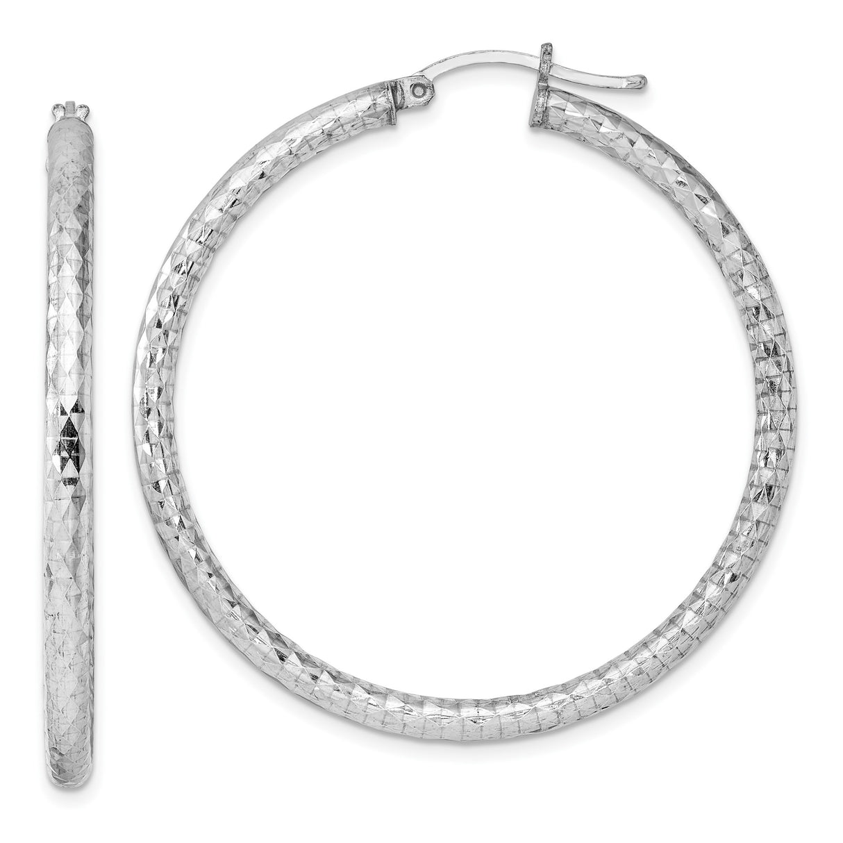 Sterling Silver Hoop Earrings, Diamond-Cut Textured Finish, Lightweight Rhodium Plated Design