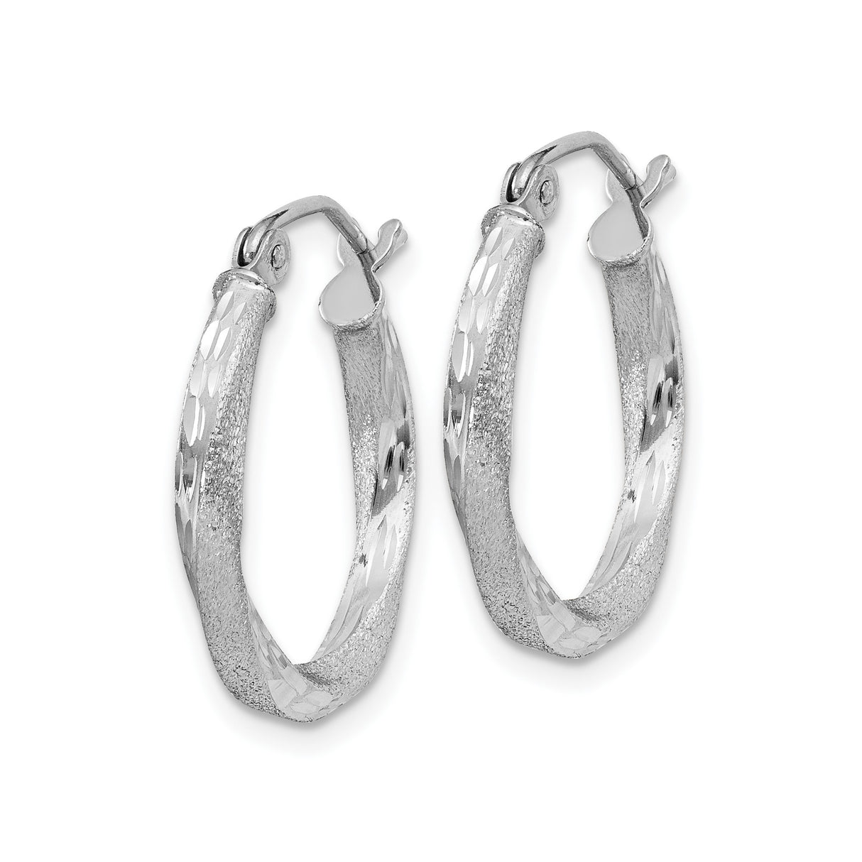 Sterling Silver Twisted Hoop Earrings with Diamond Cut Texture, Rhodium Plated Lightweight Design