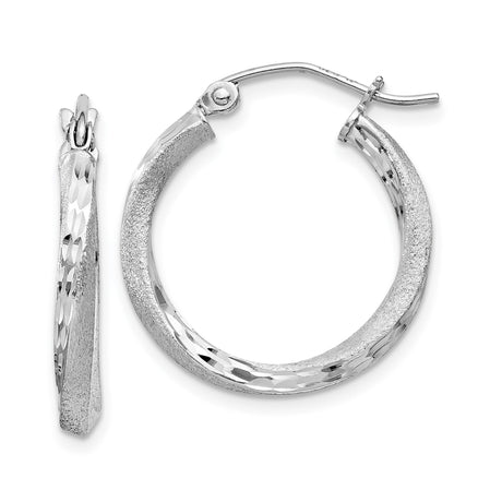 Sterling Silver Hoop Earrings with Diamond Cut and Brushed Finishes, Latch Back Classic Style