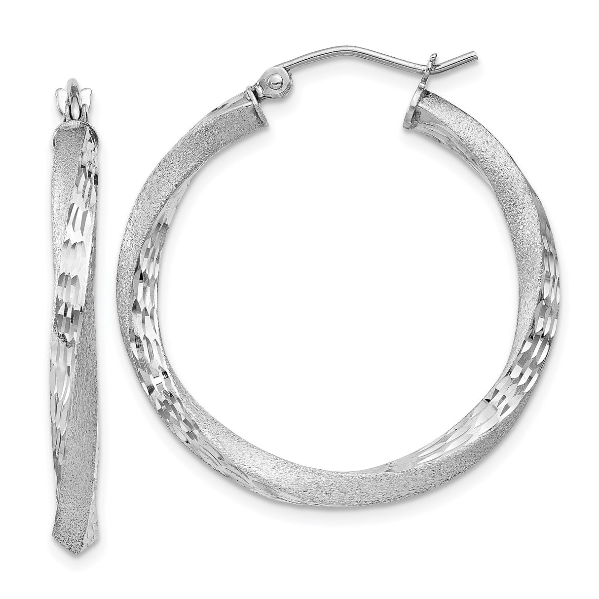 Sterling Silver Twisted Hoop Earrings with Diamond Cut Textured Finish, Polished Matte Design