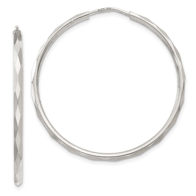 Sterling Silver Hoop Earrings, Endless Loop with Diamond Cut Texture, Lightweight Faceted Style