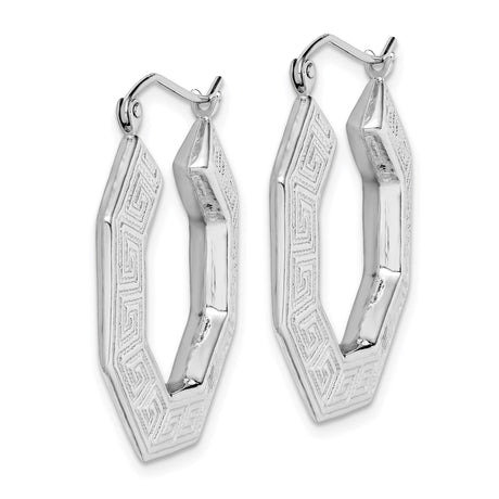 Sterling Silver Octagon Hoop Earrings with Greek Key Pattern, Geometric Design for Women
