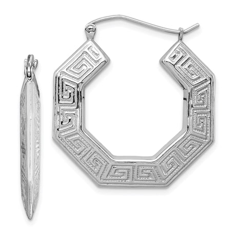Sterling Silver Octagon Hoop Earrings with Greek Key Pattern, Geometric Design for Women