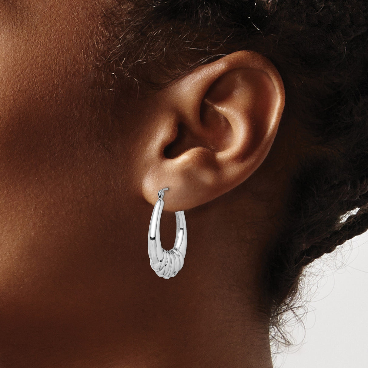 Sterling Silver Hoop Earrings, Ribbed Fan Design with Polished Finish, Bold Vintage Style