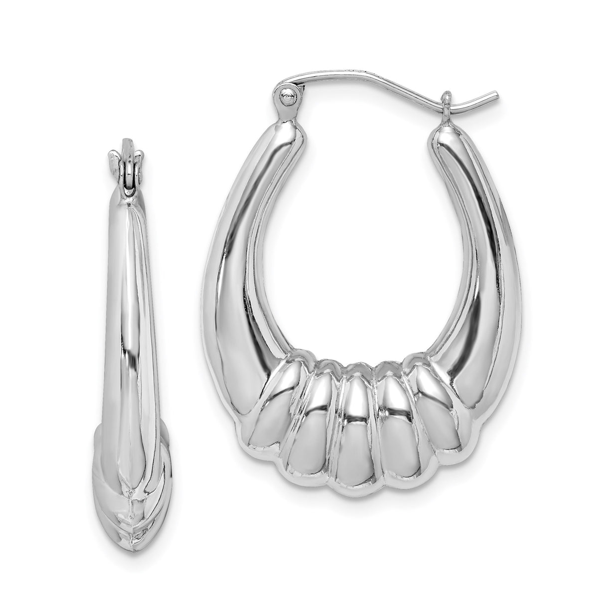 Sterling Silver Hoop Earrings, Ribbed Fan Design with Polished Finish, Bold Vintage Style
