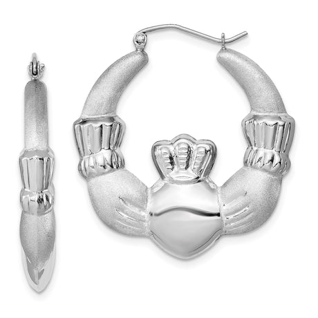 Sterling Silver Claddagh Hoop Earrings with Heart Crown and Hands Design, Celtic Irish Symbol
