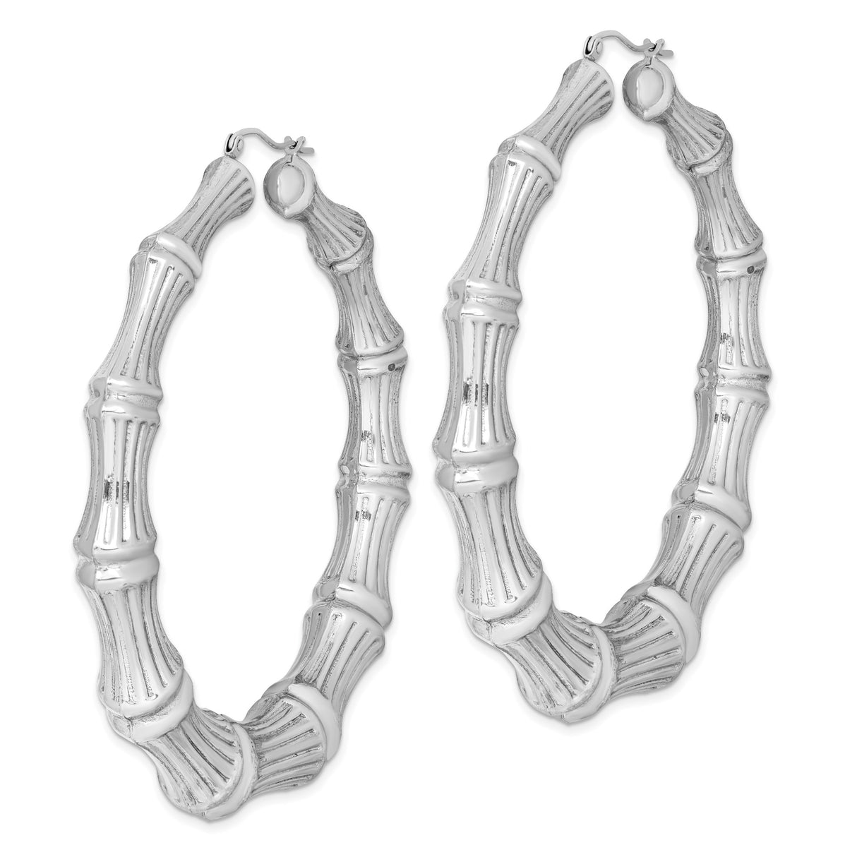 Sterling Silver Hoop Earrings, Bamboo Style with Segmented Textured Rhodium Finish, Bold Sculptural Design