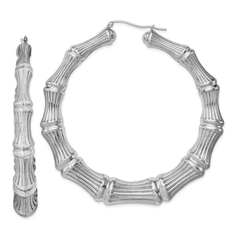 Sterling Silver Hoop Earrings, Bamboo Style with Segmented Textured Rhodium Finish, Bold Sculptural Design