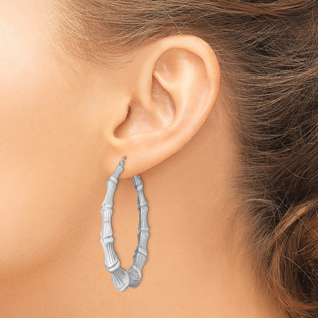 Sterling Silver Hoop Earrings, Bamboo Style with Textured Segments, Large Lightweight Design