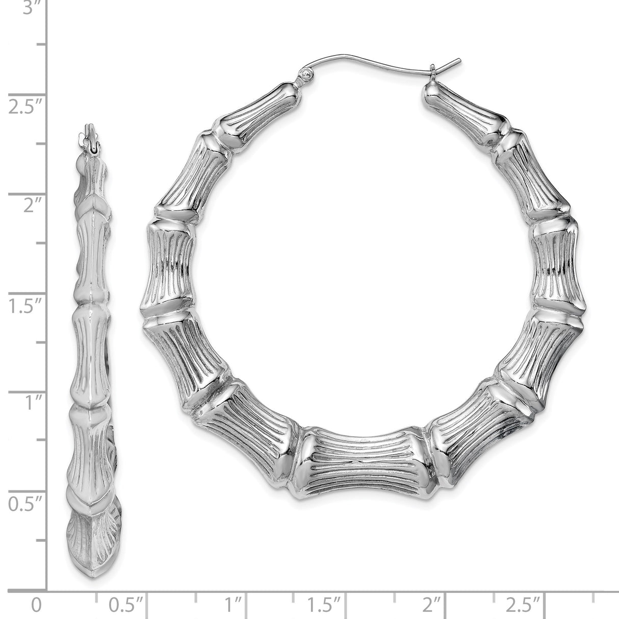 Sterling Silver Hoop Earrings, Bamboo Style with Textured Segments, Large Lightweight Design