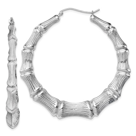 Sterling Silver Hoop Earrings, Bamboo Style with Textured Segments, Large Lightweight Design