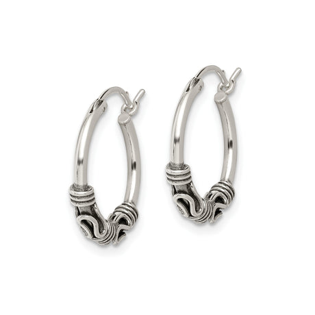 Sterling Silver Hoop Earrings with Ornate Wire Scrollwork, Lightweight Balinese Boho Style