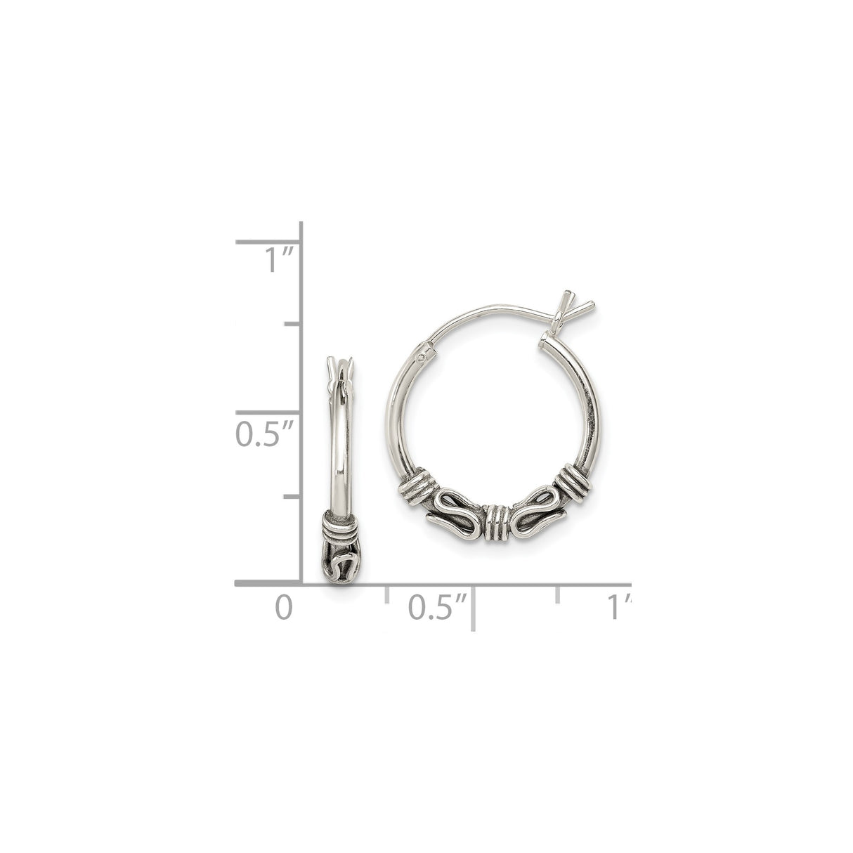 Sterling Silver Hoop Earrings with Ornate Wire Scrollwork, Lightweight Balinese Boho Style