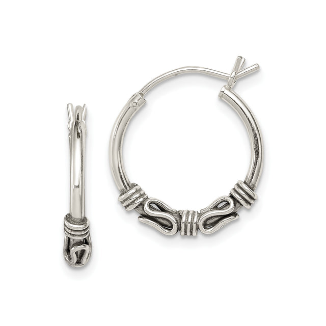 Sterling Silver Hoop Earrings with Ornate Wire Scrollwork, Lightweight Balinese Boho Style