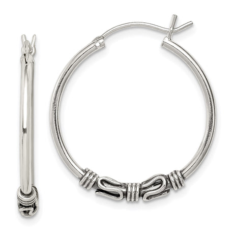 Sterling Silver Hoop Earrings with Twisted Wire and Scroll Detailing, Boho Artisan Style