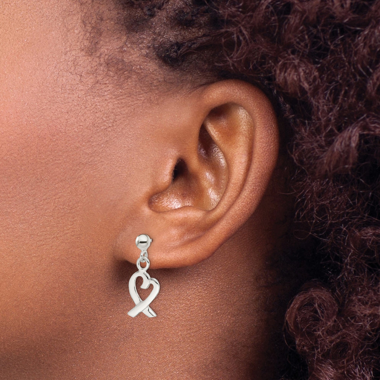 Sterling Silver Dangle Earrings with Open Heart Ribbon Design for Women