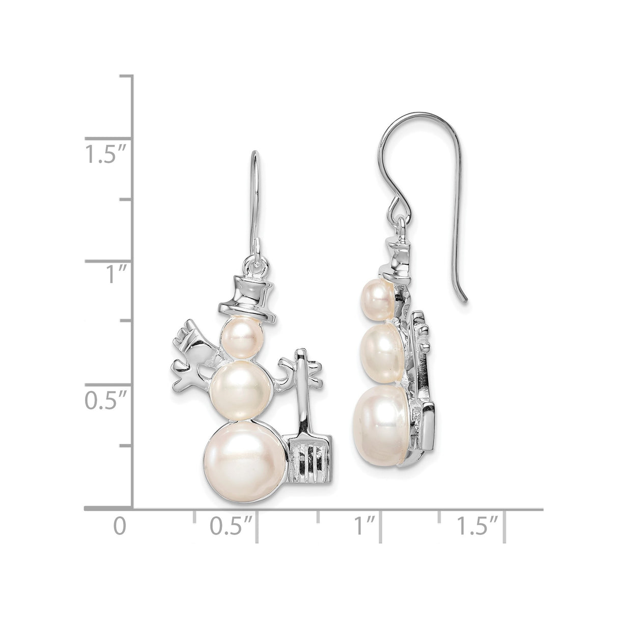 Sterling Silver Snowman Dangle Earrings with Cultured Freshwater Pearls, Top Hat and Scarf Design