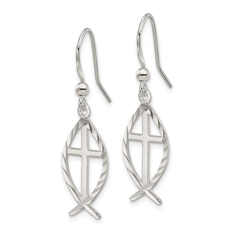 Sterling Silver Cross Pendant with Ichthus Symbol, Polished Diamond-Cut Design