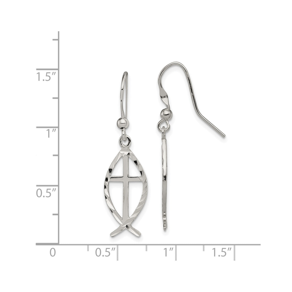 Sterling Silver Cross Pendant with Ichthus Symbol, Polished Diamond-Cut Design