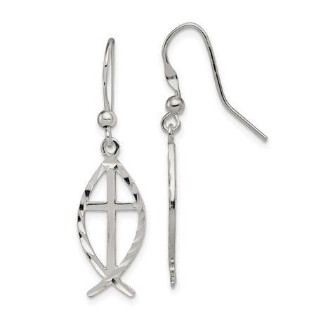 Sterling Silver Cross Pendant with Ichthus Symbol, Polished Diamond-Cut Design