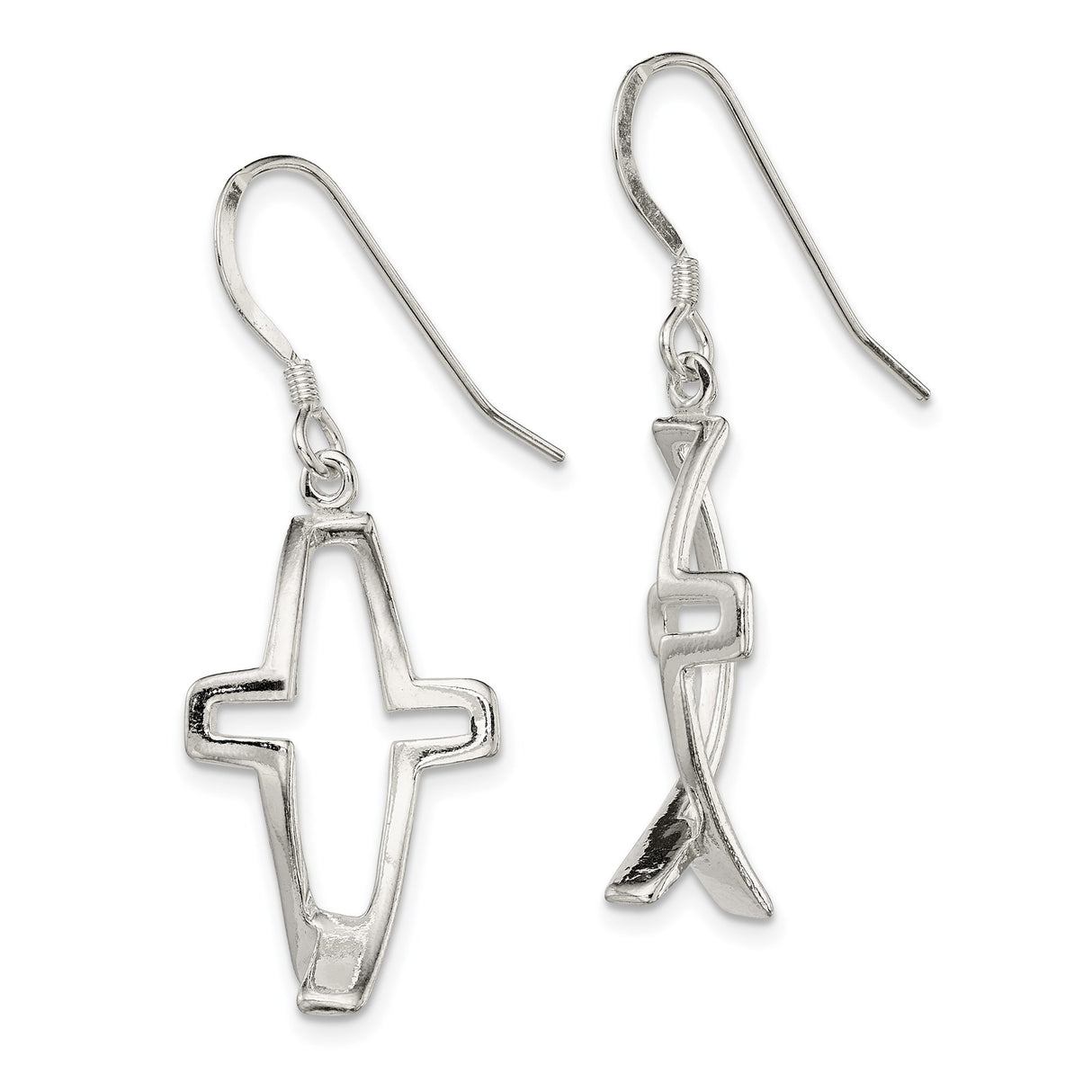 Sterling Silver Dangle Earrings with Cross and Ichthus Openwork Design for Men and Women