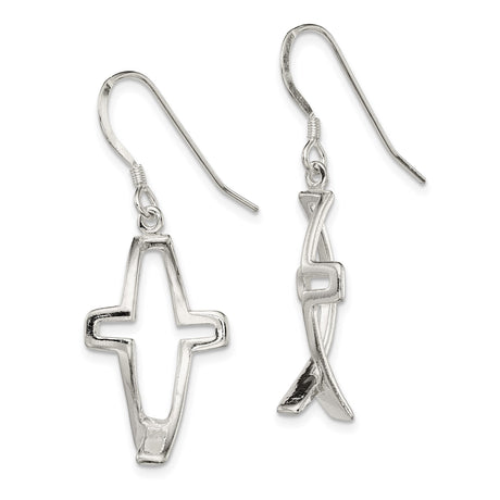 Sterling Silver Dangle Earrings with Cross and Ichthus Openwork Design for Men and Women