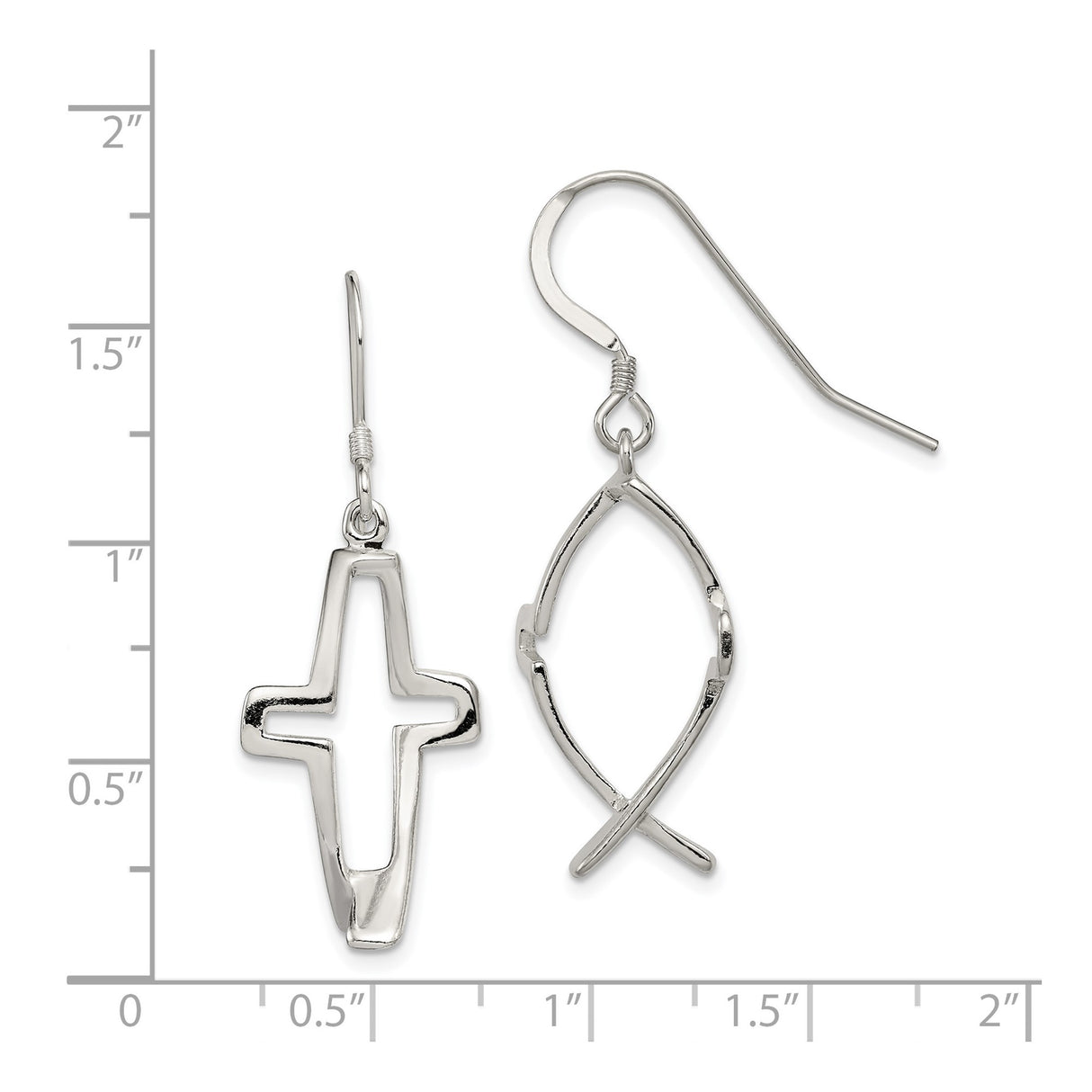 Sterling Silver Dangle Earrings with Cross and Ichthus Openwork Design for Men and Women