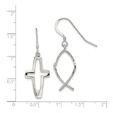 Sterling Silver Dangle Earrings with Cross and Ichthus Openwork Design for Men and Women