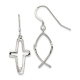 Sterling Silver Dangle Earrings with Cross and Ichthus Openwork Design for Men and Women
