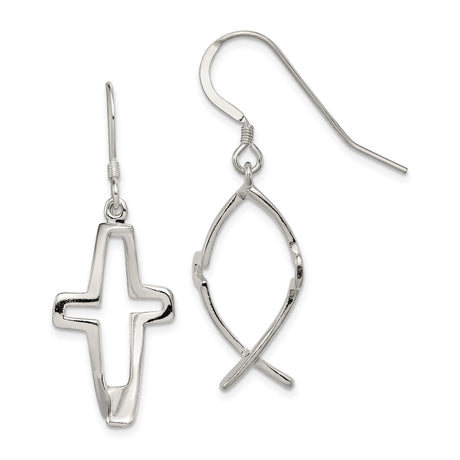 Sterling Silver Dangle Earrings with Cross and Ichthus Openwork Design for Men and Women