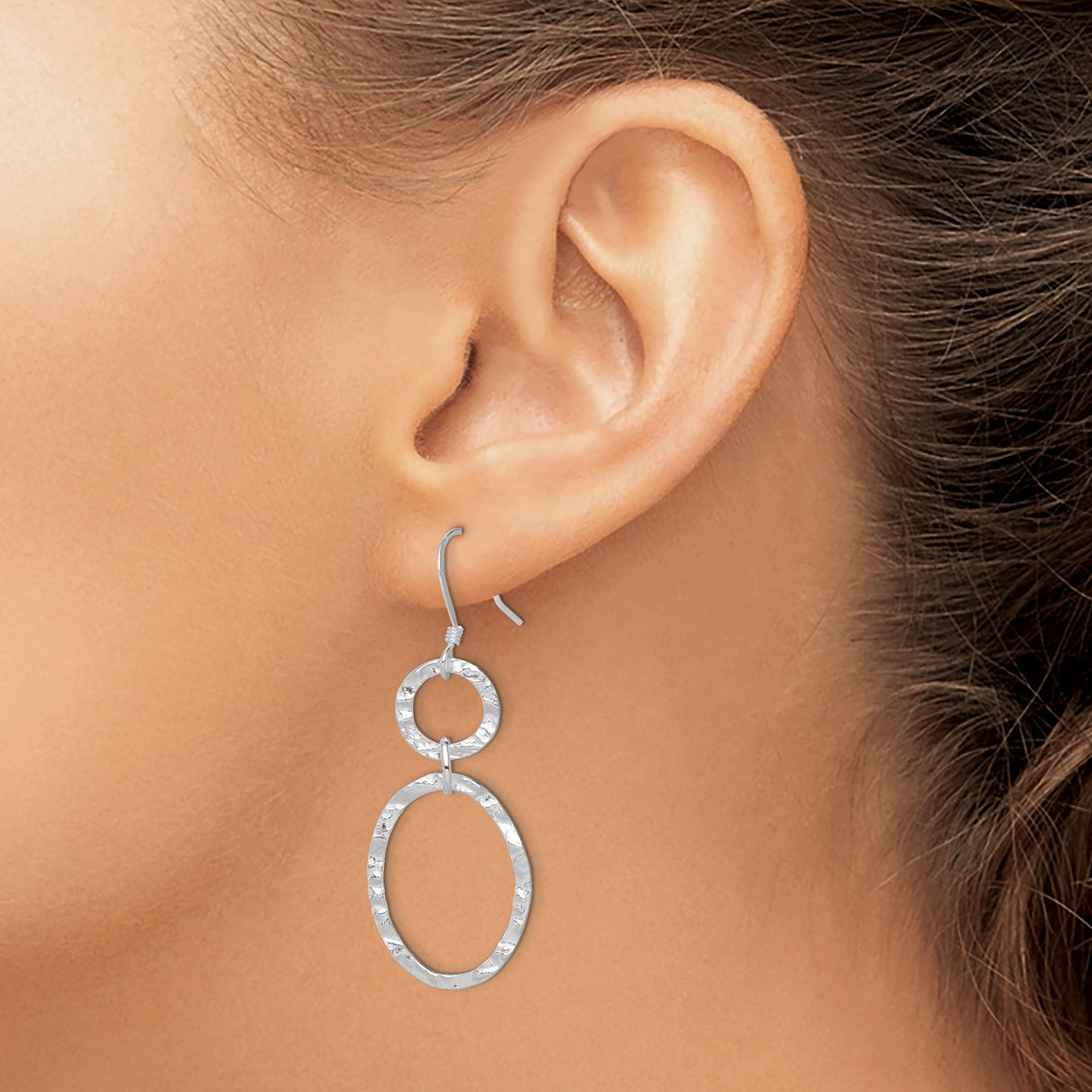 Sterling Silver Dangle Earrings with Hammered Open Circle and Oval Link Design