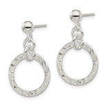 Sterling Silver Drop Earrings with Hammered Open Circles, Textured Dangle Disc Design