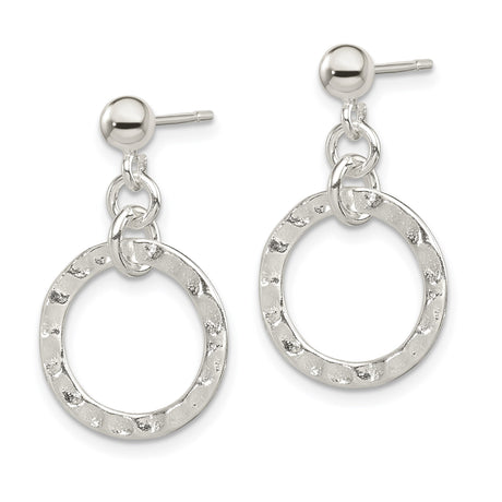 Sterling Silver Drop Earrings with Hammered Open Circles, Textured Dangle Disc Design