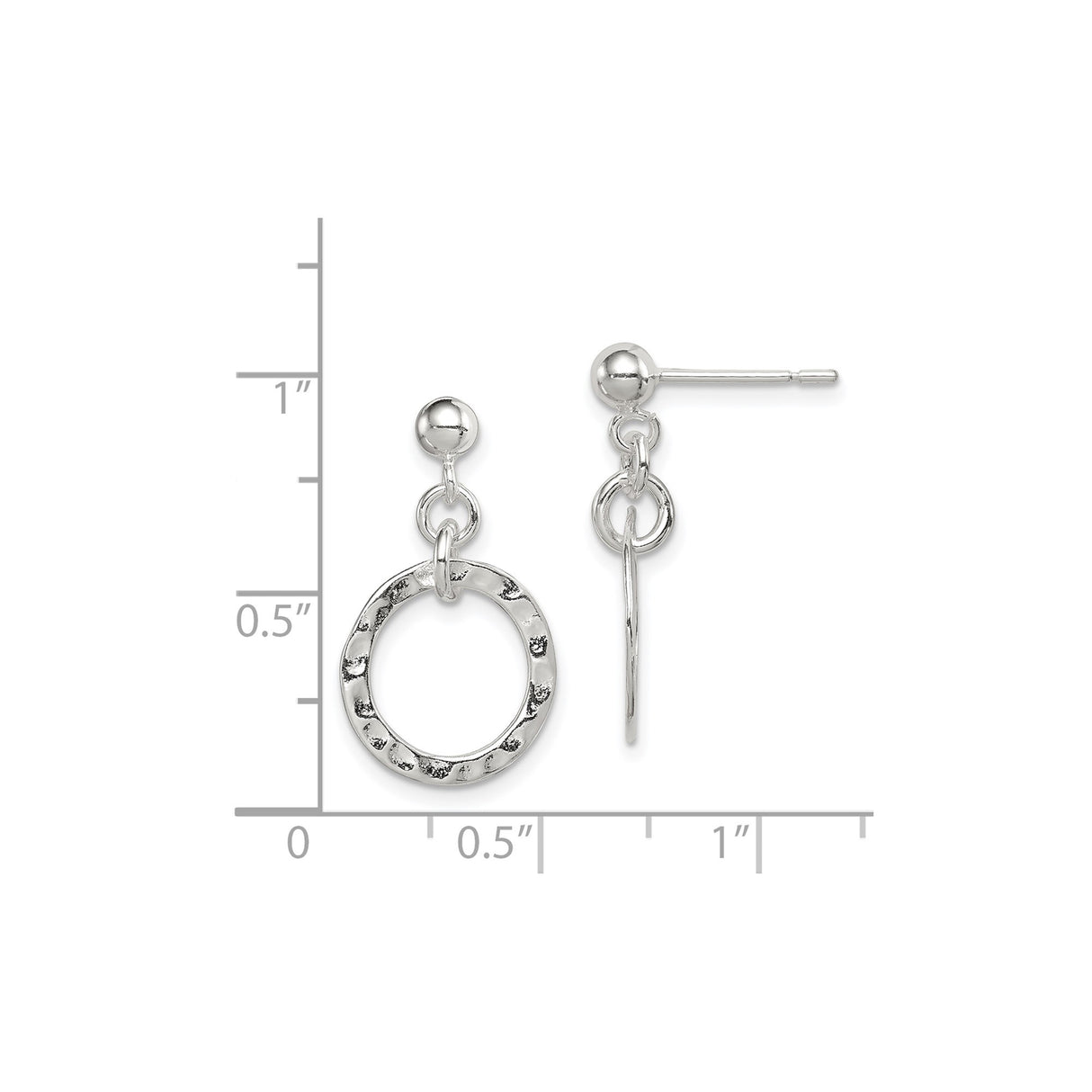 Sterling Silver Drop Earrings with Hammered Open Circles, Textured Dangle Disc Design