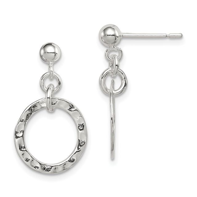 Sterling Silver Drop Earrings with Hammered Open Circles, Textured Dangle Disc Design