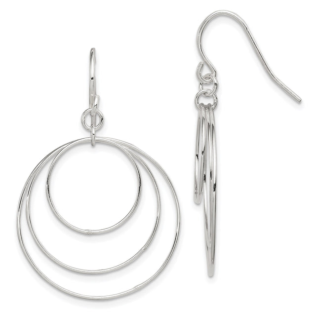 Sterling Silver Dangle Earrings with Triple Open Circles, Minimalist Geometric Design for Women